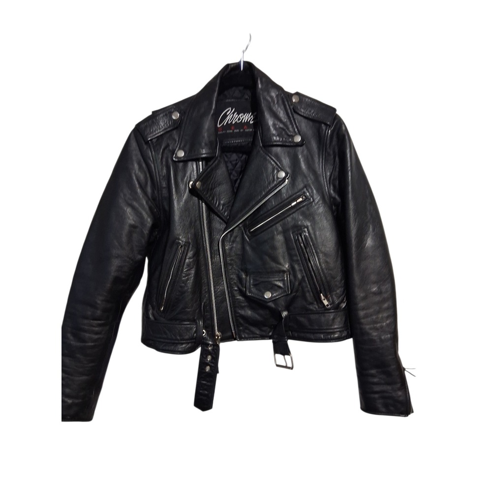Y2k Vintage Chrome Womens size 8 Leather‎ Moto Riding Fonzy Zip Rock Jacket Goth